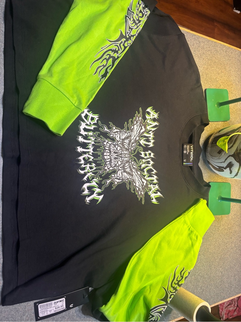 Zumiez Black & Neon Green Graphic Crop Long Sleeve